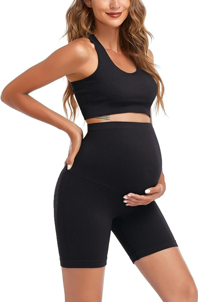 Women's Maternity 2 Piece Outfit Set - Bra & Shorts for Pregnancy - Yoga workout Lounge Wear Sets | Amazon (US)