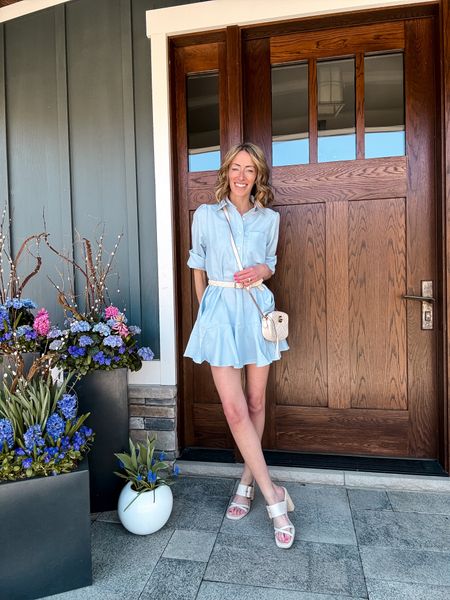 Spring and summer outfit ideas blue shirt dress white Gucci crossbody bag 