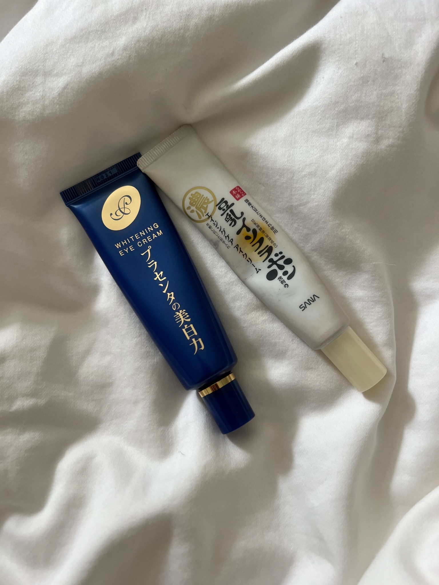 Japanese Eye Creams
	•	Placenta Whitening Eye Cream (blue tube): Targets dark circles and brightens the under-eye with subtle “tone-up” effects.
	•	Soy Milk Eye Cream (Sana, white tube): Hydrating, soothing, and great if your eye area is sensitive. More nourishing than flashy.