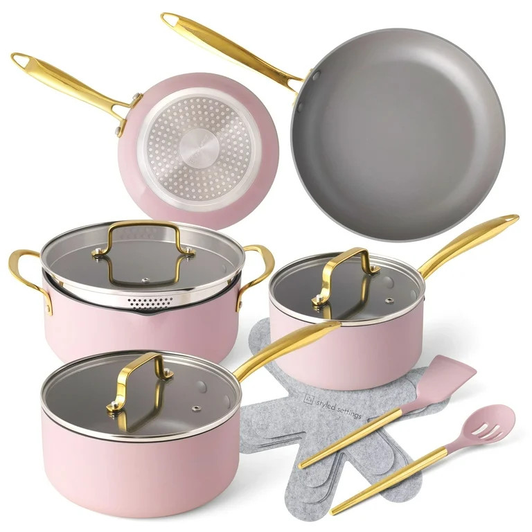 Styled Settings Pink Pots and Pans Set Nonstick - 15 PC Luxe Gold and Pink Cookware Set - Inducti... | Walmart (US)