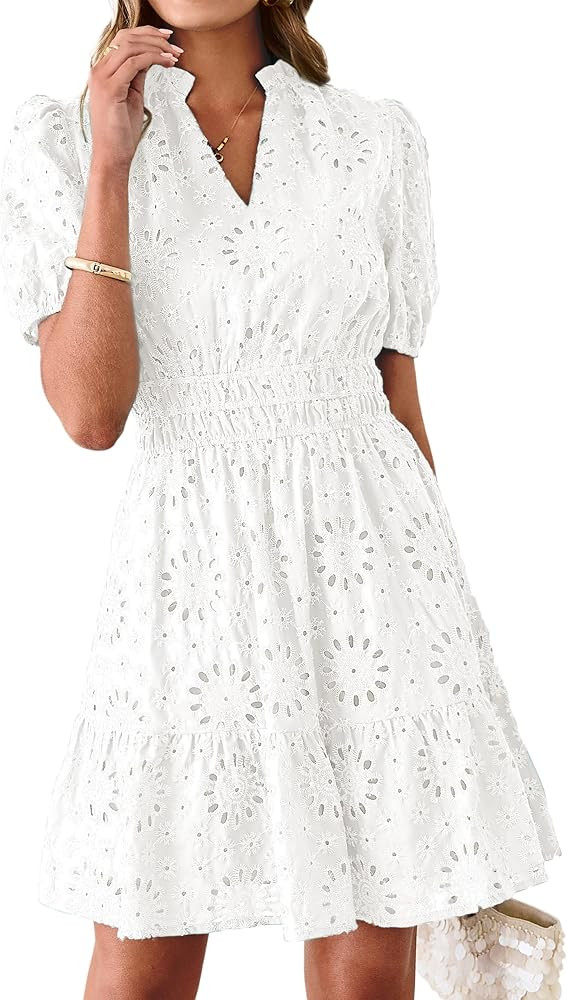 BerryGo Womens Summer Eyelet Mini Dress Beach Casual Embroidery Lace Puff Short Sleeve V Neck Boh... | Amazon (US)