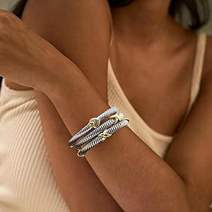 TAYASE Designer Inspired 5PC Bracelet Set, Two Tone Cable Bangles & Crystal Link Bracelets, Silve... | Amazon (US)