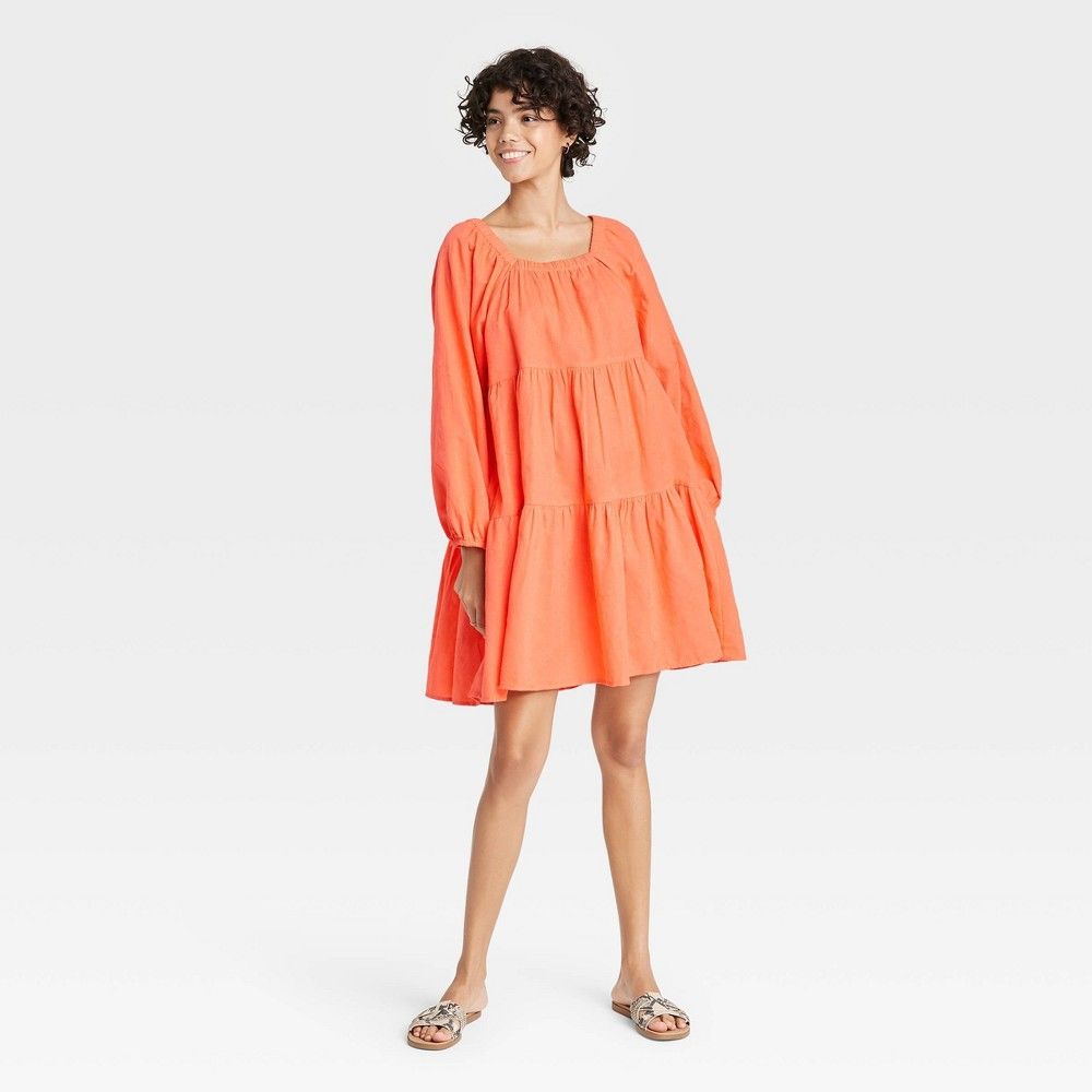 Women's Puff Long Sleeve Tiered Dress - Universal Thread Orange L | Target