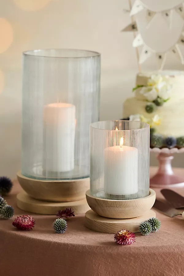 Etched Glass + Wood Hurricane in Clear, Size: Medium at Terrain | Terrain