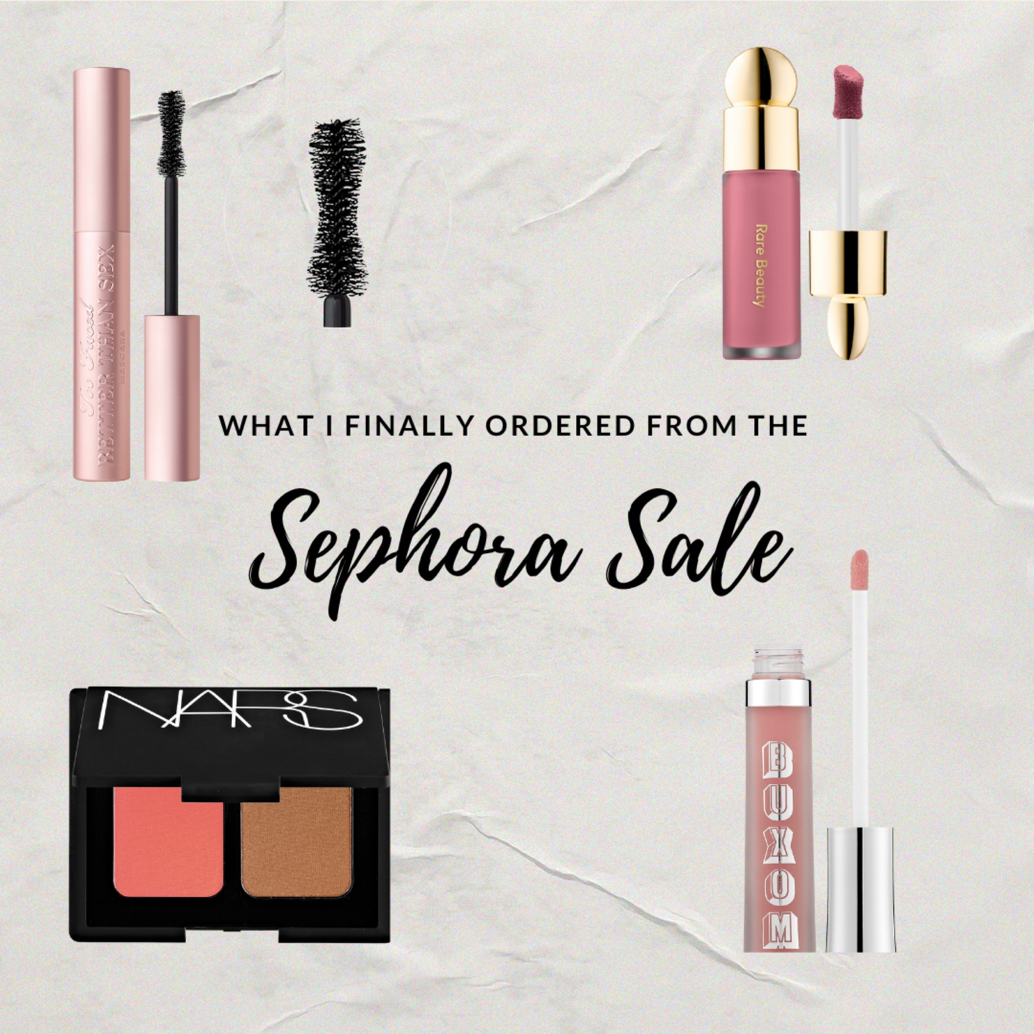 Sale ends today! Stock up on your favorites before the sale ends :)

1. Too Faced Better Than Sex Mascara - black
2. Rare Beauty Soft Pinch Liquid Blush - Encourage
3. Nars Blush/Bronzer Duo - Orgasm/Laguna
4. Buxom Full-On Plumping Lip Cream Gloss - White Russian 

The only one I haven’t tried is the rare beauty blush, but I’ve heard it’s amazing and excited to use it 

Makeup, Sephora sale, lengthening mascara, volume mascara, blush bronzer combo, plumping lip gloss, makeup essentials, beauty products 

#LTKsalealert #LTKFind #LTKbeauty
