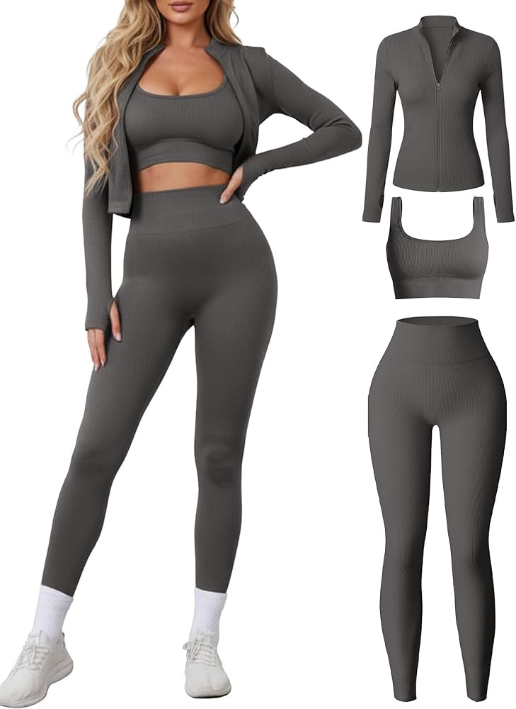 Women 3 Piece Seamless Workout Set Sports Bra High Waisted Gym Yoga Leggings Zip Up Jacket with T... | Amazon (US)