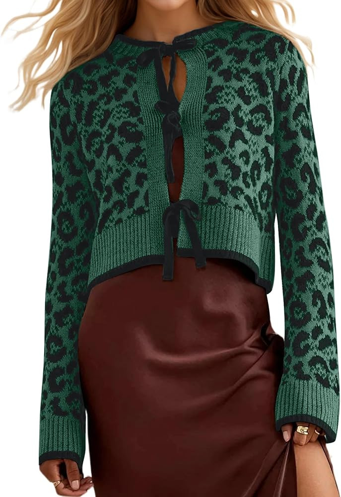 Ythomm Women Leopard Print Bow Tie Cardigan Sweaters Long Sleeve Crewneck Open Front Knit Cardiga... | Amazon (US)