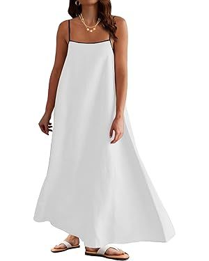 Womens Linen Maxi Dress Contrast Trim Spaghetti Straps Summer Outfits Travel Vacation Sleeveless ... | Amazon (US)