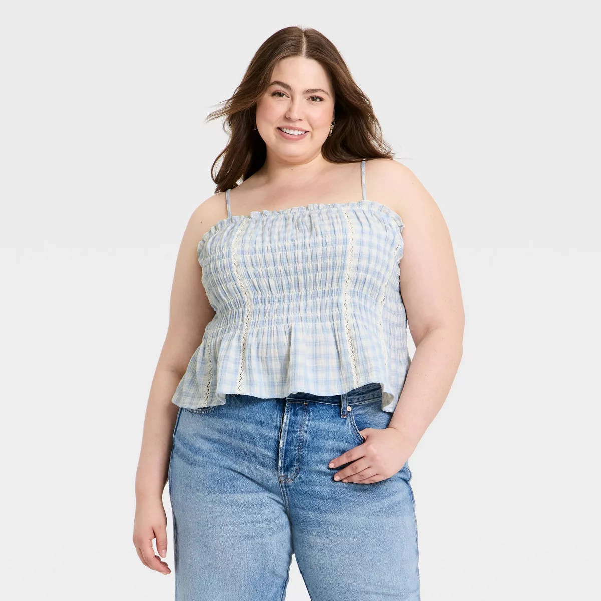 Women's Lace Smocked Square Neck Blouse - Universal Thread™ Blue Plaid XXL | Target