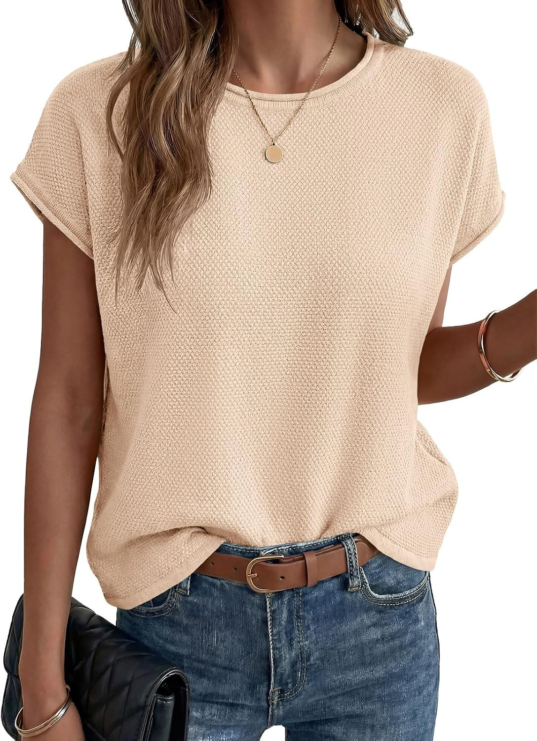 Saodimallsu Womens Summer Cap Sleeve Tops 2026 Waffle Knit Going Out Casual Loose Crew Neck Lightweight Sweater Vest | Amazon (US)