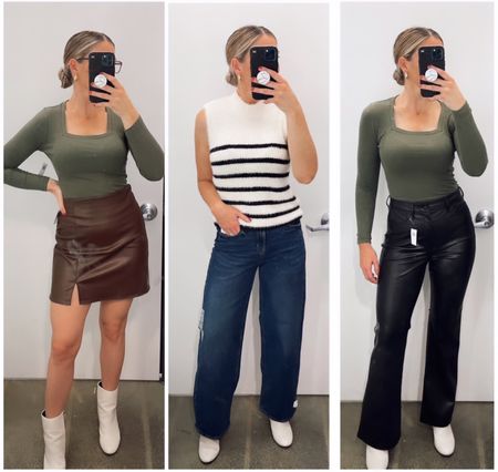 Obsessed with all these looks! Left: XS top, S skirt) Middle: Medium top, size 2 in jeans) Right: XS top, size 4 leather pants) #oldnavy #ltksalealert #ltkcyberweek

#LTKsalealert #LTKCyberWeek #LTKSeasonal
