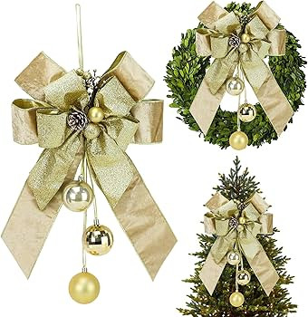 AIMUDI Champagne Gold Christmas Tree Topper Bows 11 x 16 Inches Gold Glitter Bows for Christmas T... | Amazon (US)