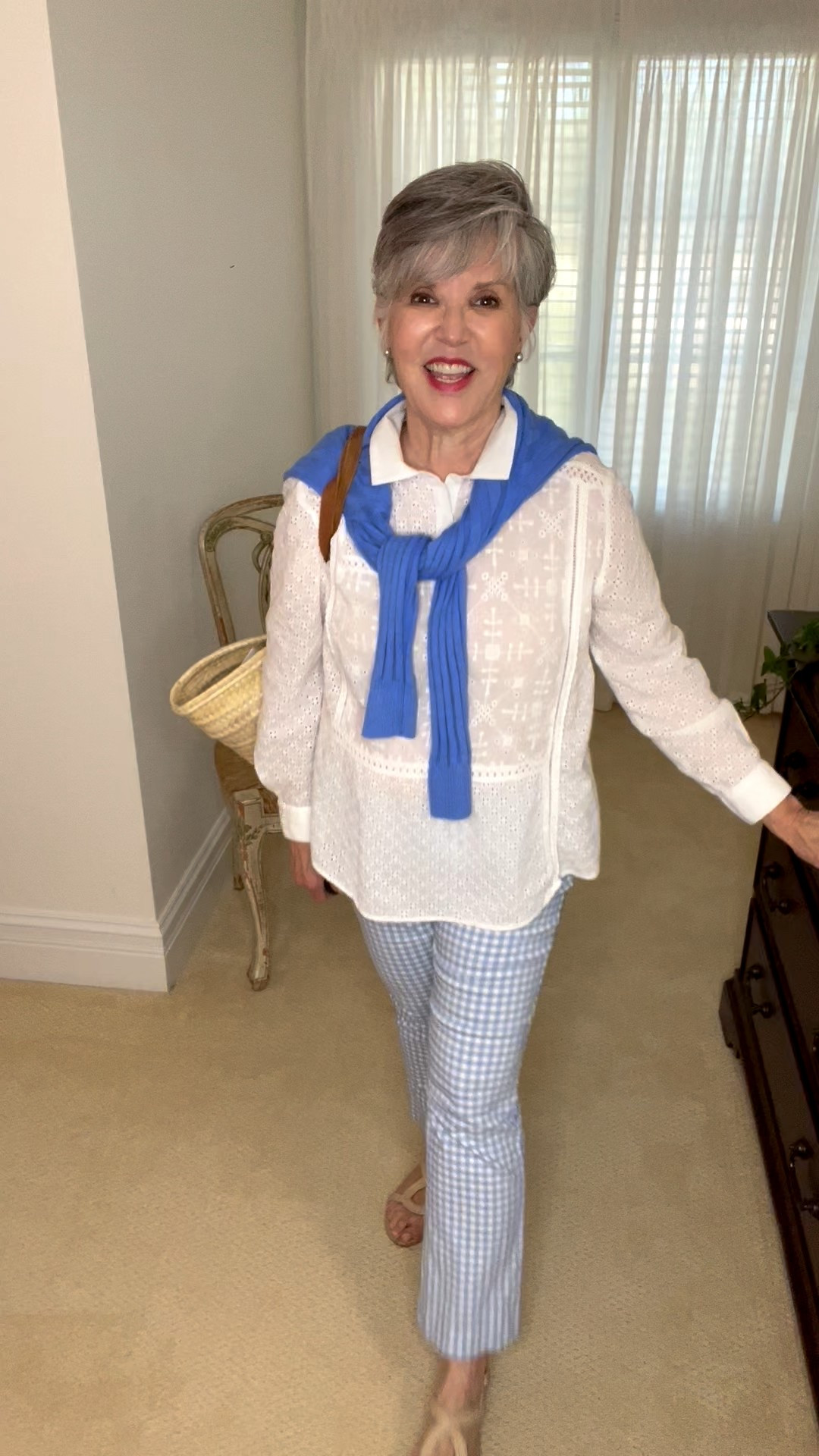 Gingham pants styled with feminine eyelet blouse, a soft blue sweater, and straw accents—fresh, classic, and chic!
A timeless mix of textures: gingham pants with a crisp eyelet shirt, a ribbed blue sweater draped at the neckline, tan sandals, and a straw bag. The perfect late summer-to-fall transition look. Shop the links 🔗 here ⬇️ !

#LTKSeasonal #LTKOver40 #LTKFallSale