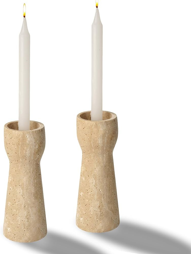 WORHE Candle Holders Italy True Natural Travertine Stone Set of 2 Pillar Taper Candlestick Holder... | Amazon (US)