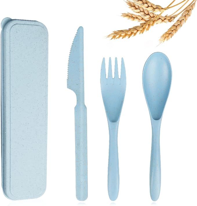 Reusable Travel Utensils Set with Case, Blue Wheat Straw Portable Knife Fork Spoons Tableware, Ec... | Amazon (US)