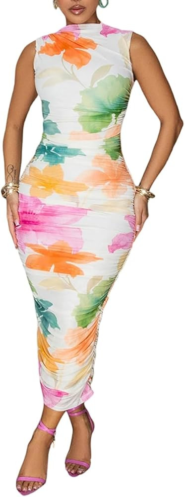 CHICME Womens Floral Mesh Midi Dress Music Festival Concert Outfits Sleeveless Mock Neck Ruched B... | Amazon (US)