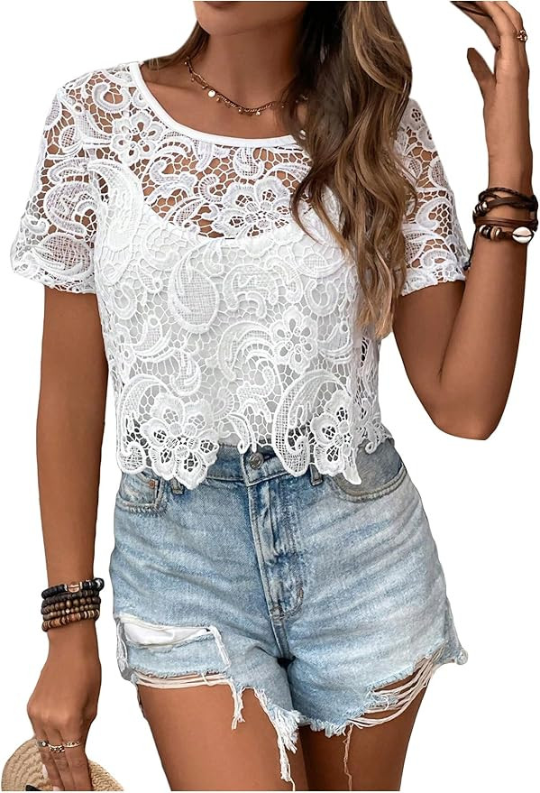 MakeMeChic Women's Floral Guipure Lace Sheer See Through Short Sleeve Round Neck Crop Top Tee Shi... | Amazon (US)
