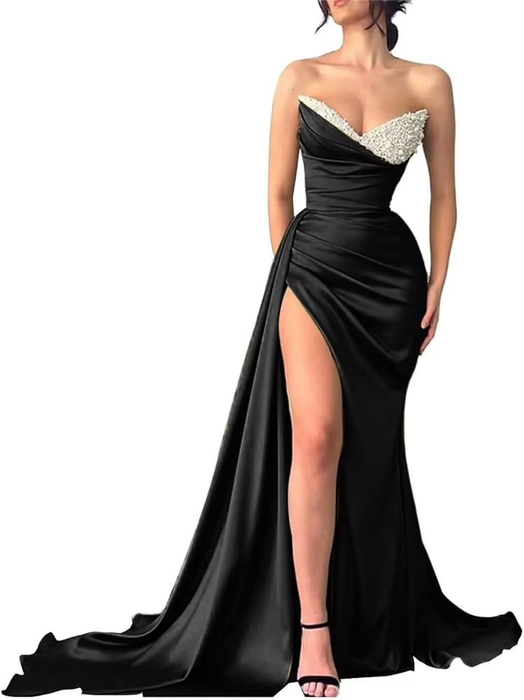 V-Neck Mermaid Prom Dresses 2024 with Slit Sequin Beaded Long Satin Strapless Pleated Formal Even... | Amazon (US)