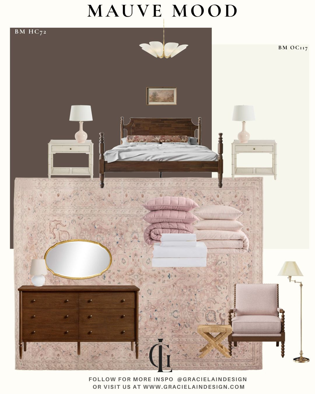 Sultry, grounded, and quietly luxurious 🤎

This chocolate brown bedroom wraps you in warmth while blush and mauve tones soften the mood. Think layers of soft blush linens, a beautifully worn wool vintage rug underfoot, warm wood textures, and subtle brass accents catching the light. Every detail whispers comfort, elegance, and intention.

This is more than a room—it’s a feeling. A slow, soft exhale at the end of the day. A space that invites you to linger, unwind, and just be.

Come step into the story and bring this mood home ✨
gracielaindesign.com

#BedroomInspo #MoodyInteriors #BlushTones #BrownAndBlush #InteriorMood #LuxuryBedroom #VintageRug #SoftTextures #HomeSanctuary #DesignInspiration #CozyAesthetic #ElevatedLiving #GracielainDesign 

 #LTKHome #LTKSaleAlert