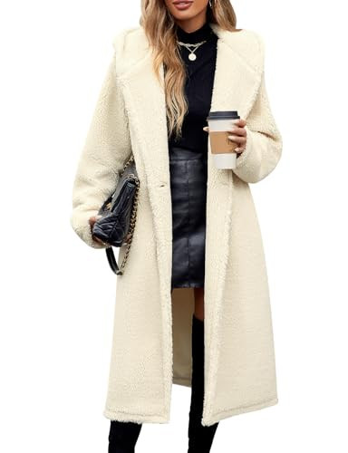UMIPUBO Women Fuzzy Fleece Long Lapel Hooded Sherpa Jacket Faux Fur Warm Coat Winter Fall Trendy Outerwear Fluffy Furry Pea Coat(Off-White,M) | Amazon (US)