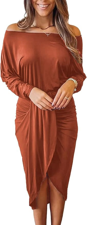 PRETTYGARDEN Women's Ruched Midi Dress Off Shoulder Long Sleeve Asymmetrical Draped Wrap Bodycon ... | Amazon (US)