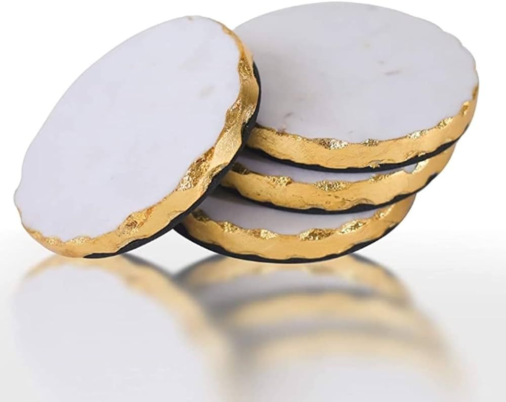 GMRS Home White Marble Handmade Coaster-Set of 4 (Round) with Gold Foiling | Amazon (US)
