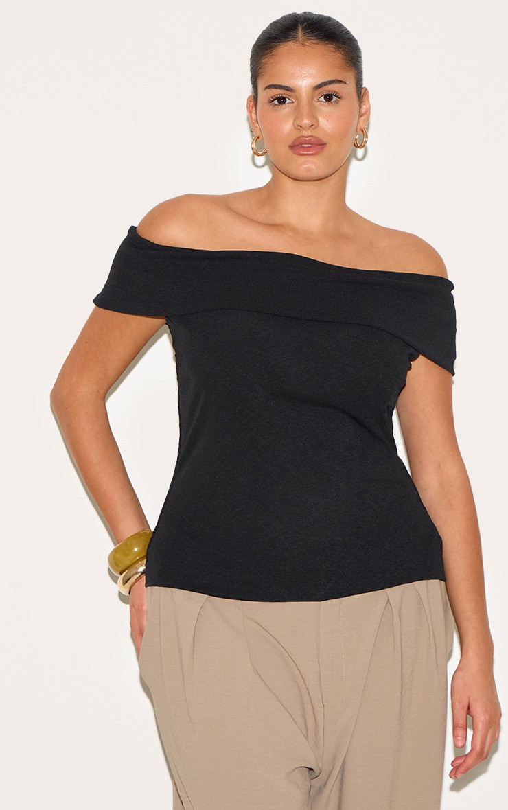 Plus Black Double Layer Burn Out Mesh Fold Over Bardot Top | PrettyLittleThing US