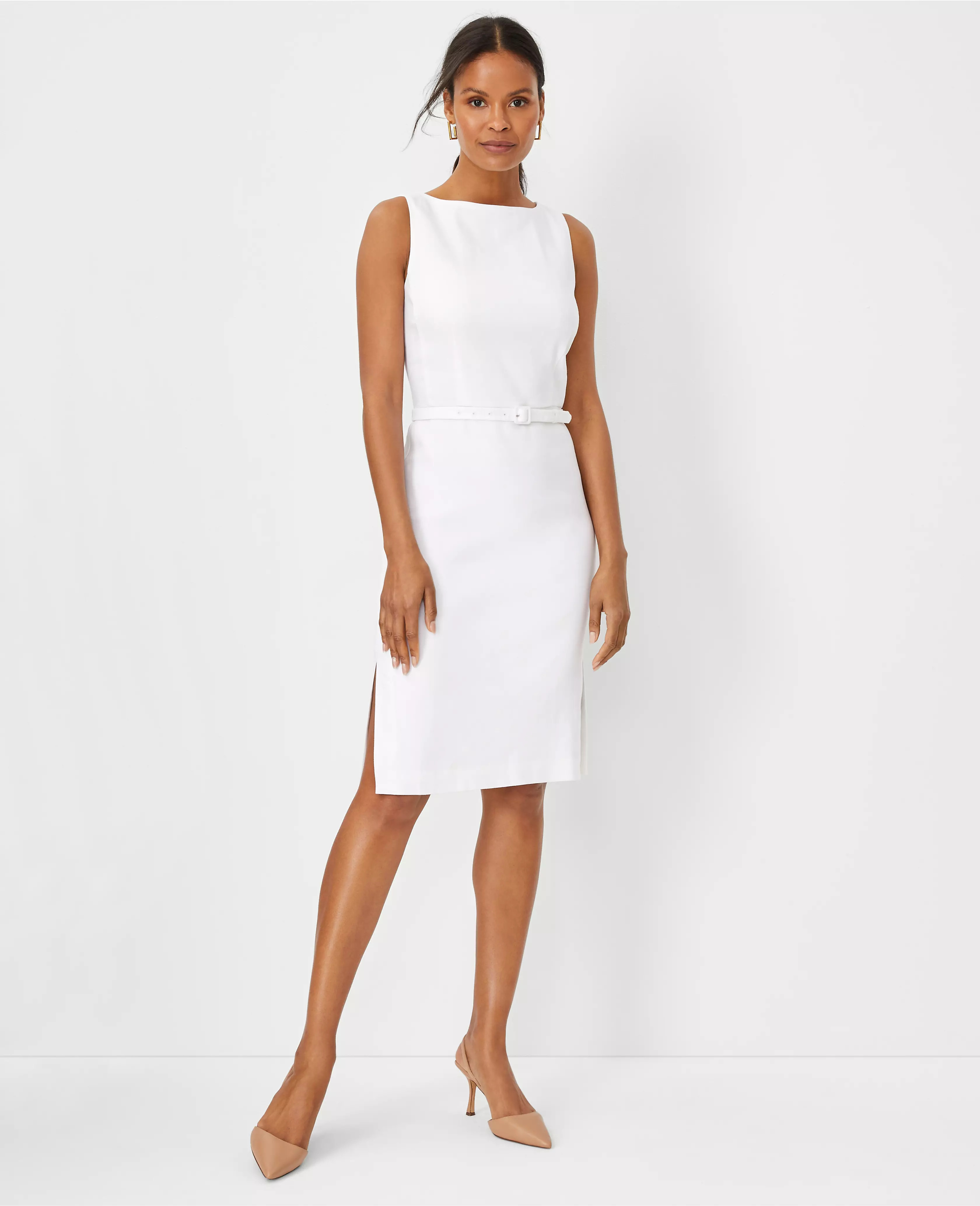The Belted Boatneck Sheath Dress in Herringbone Linen Blend | Ann Taylor (US)