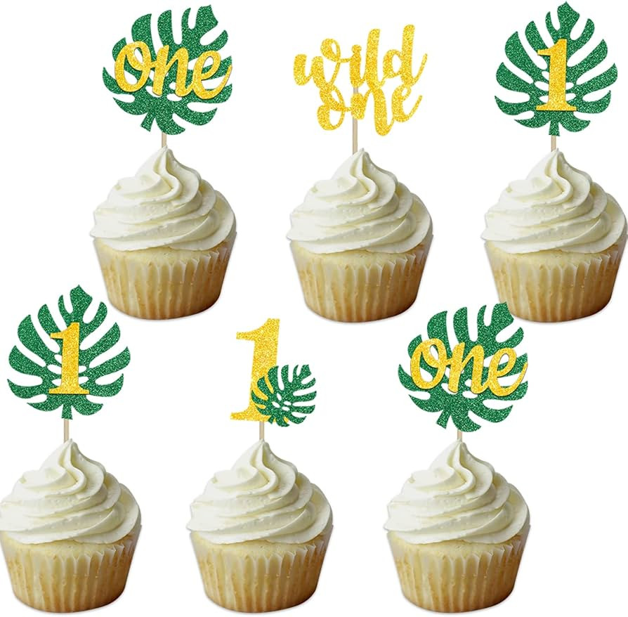 Jungle Safari Monstera Leaf One Cupcake Toppers Wild One Toppers Gold Green Glitter 1st Birthday ... | Amazon (US)