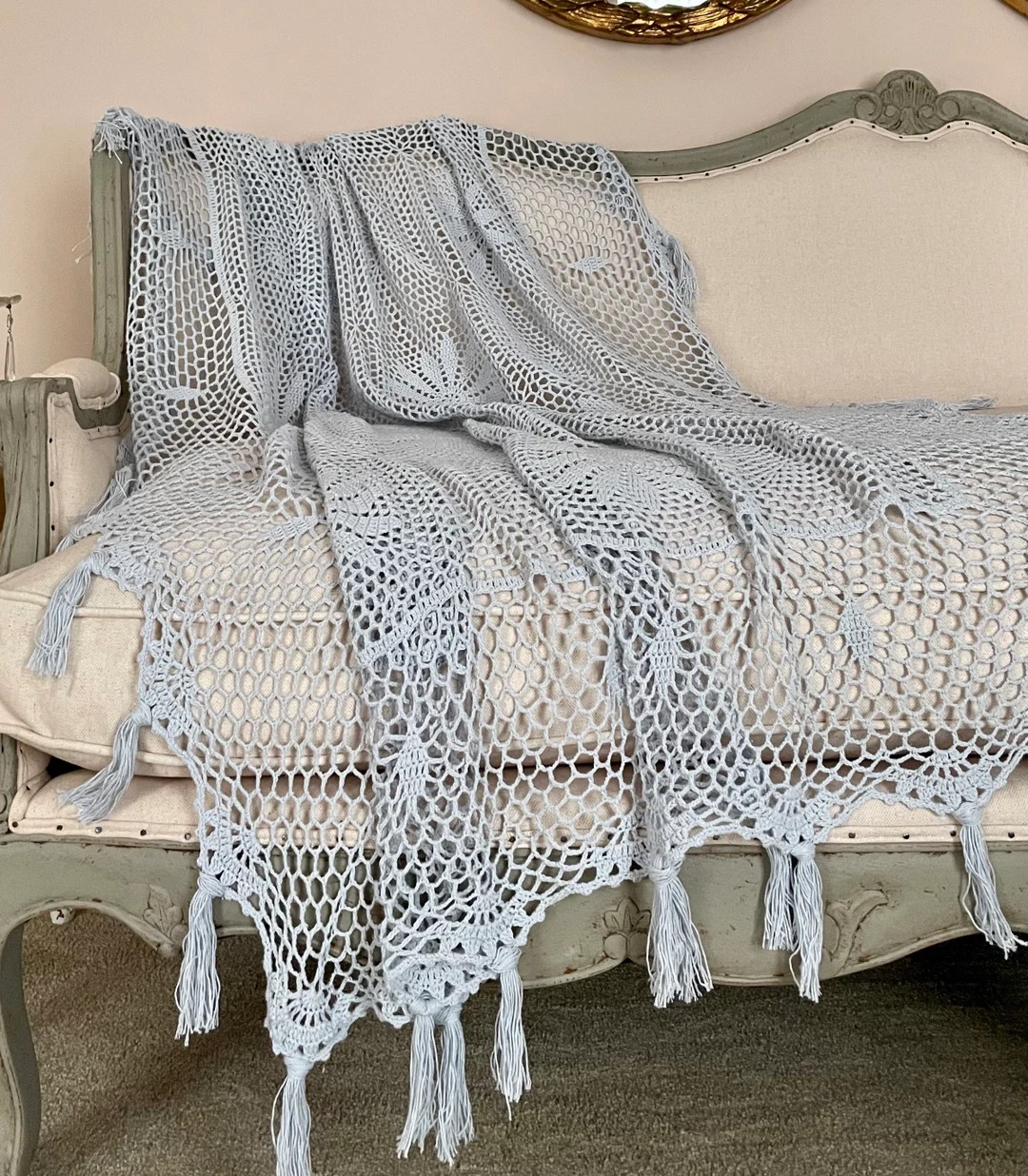 Blue Crochet Fringe Throw, Rustic Country Farmhouse Decor, Photography Prop Blanket, Vintage Styl... | Etsy (US)