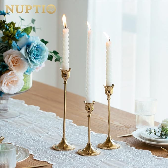 Candlestick Holders Taper Candle Holders, Set of 3 Candle Stick Holders Set, Brass Gold Candlesti... | Amazon (US)