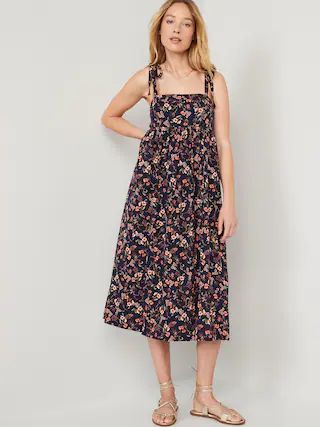 Tie-Shoulder Floral-Print Split-Front Midi Swing Dress for Women | Old Navy (US)