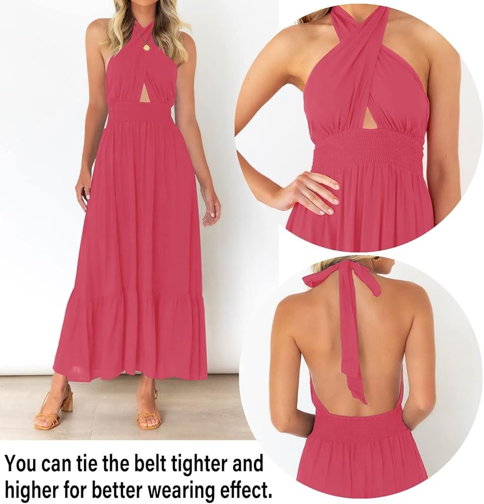 ZESICA Women's Summer Criss Cross Halter Neck Cut Out Solid Color Sleeveless Flowy A Line Midi Dress | Amazon (US)