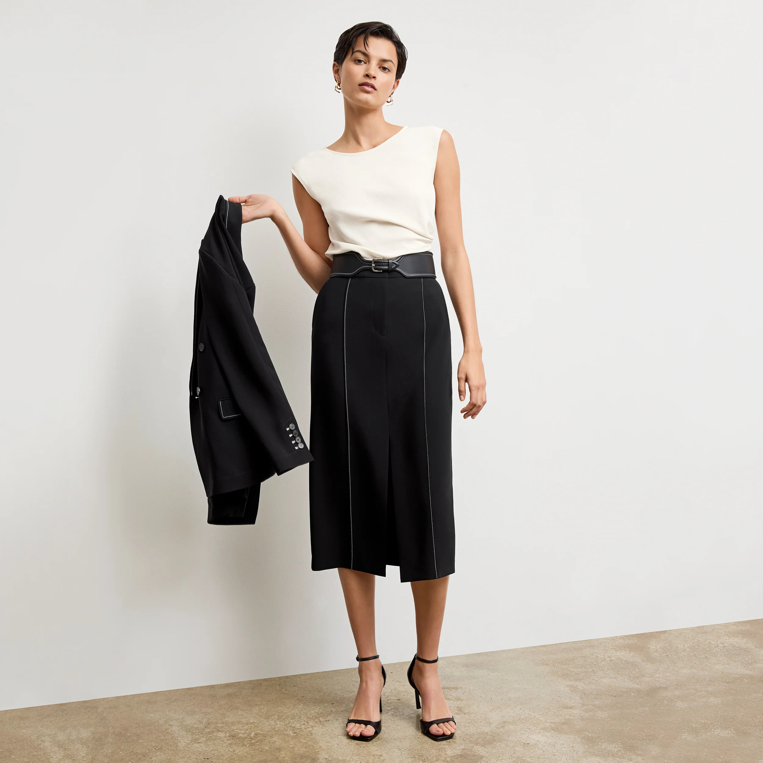 Meghan Midi Skirt - Everyday Crepe with Topstitch :: Black | MM LaFleur