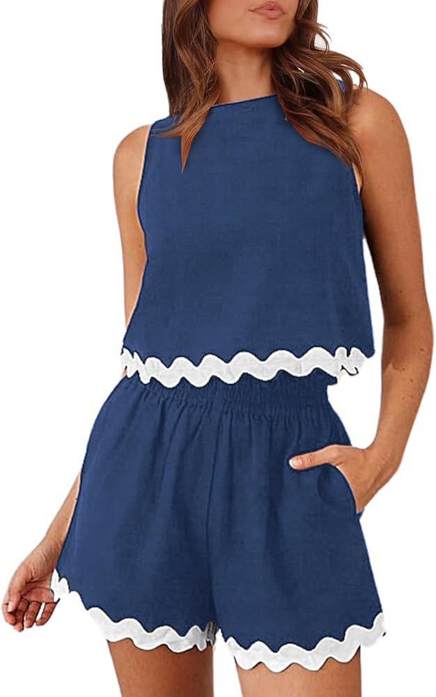 Womens 2 Piece Summer Outfits Lounge Sets Sleeveless Crop Tank Top and Shorts Tracksuits Pajama S... | Amazon (US)