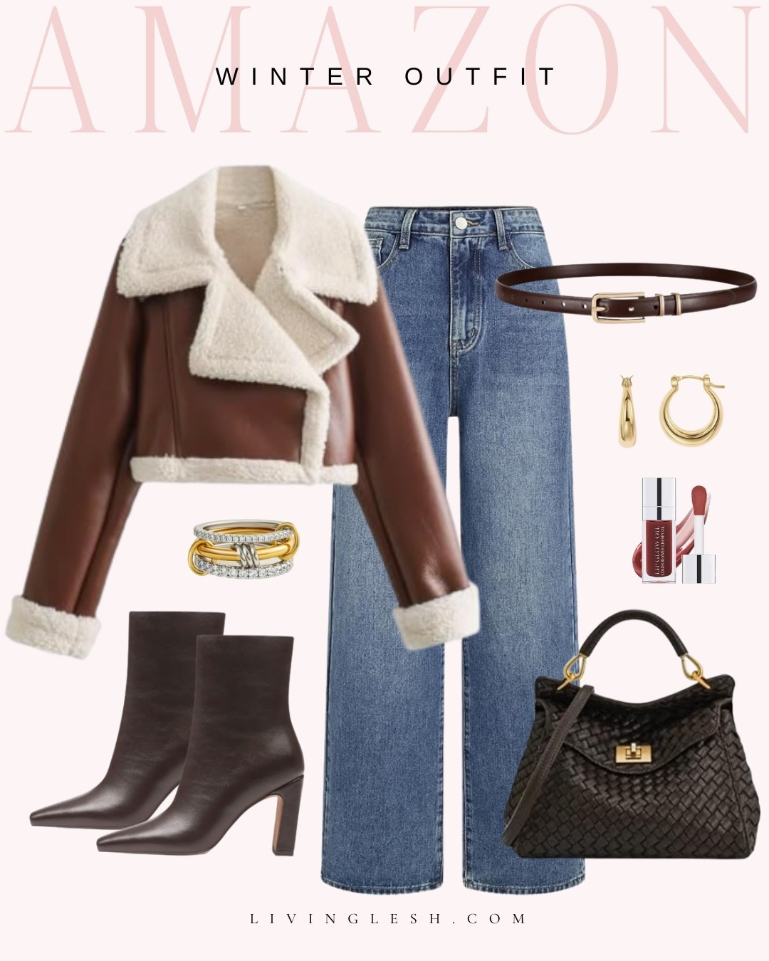 Amazon outfit | Amazon style | Amazon fashion | Wide leg jeans | Belt | Jacket | Fleece lined jacket | Leather jacket | Purse | Heeled boots | Leather boots | Lip oil | Winter outfit | Winter fashion

#LTKSeasonal #LTKootd #LTKFindsUnder50