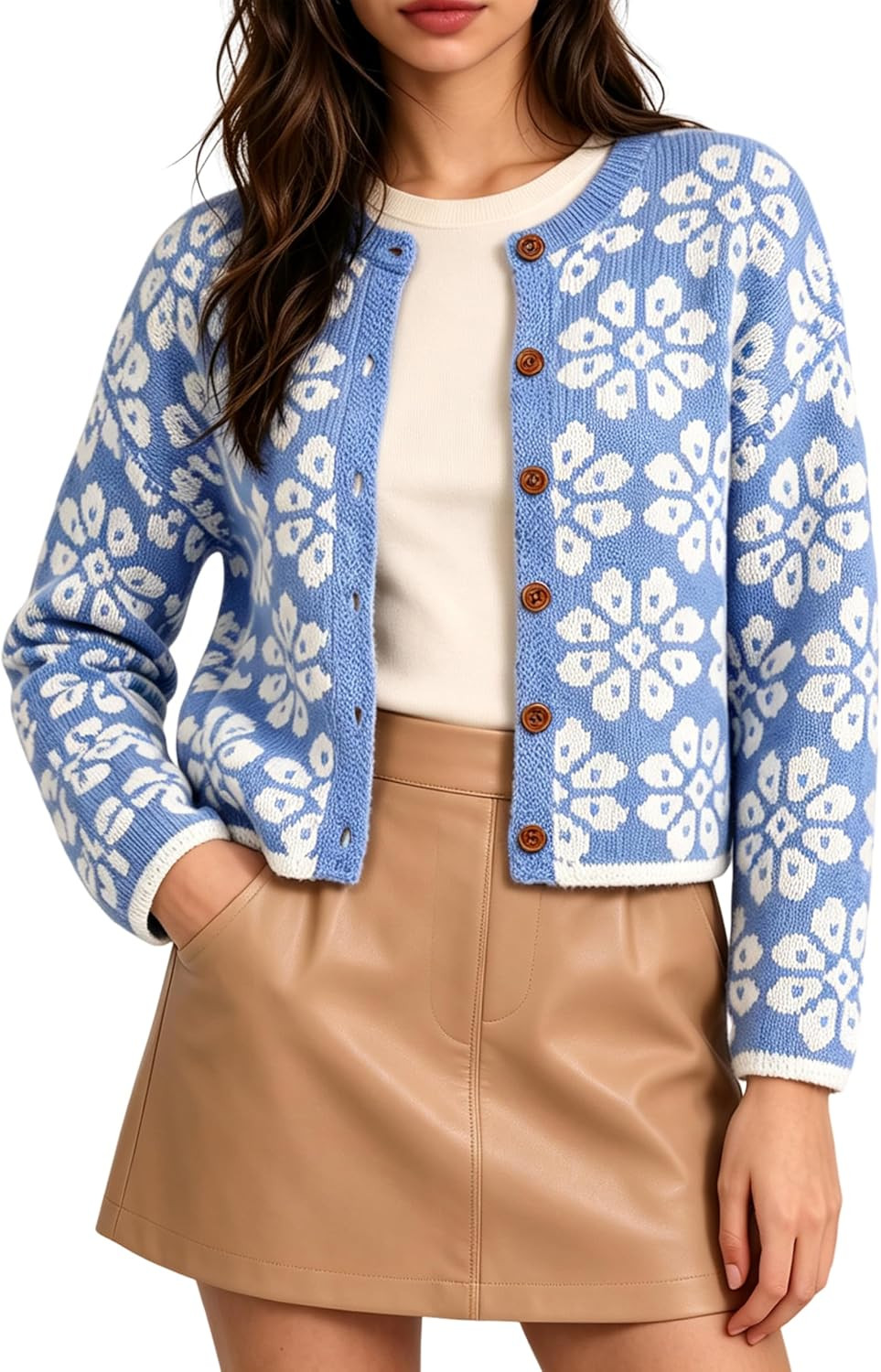 Springrain Womens Floral Cropped Cardigan Button Knit Sweater | Amazon (US)