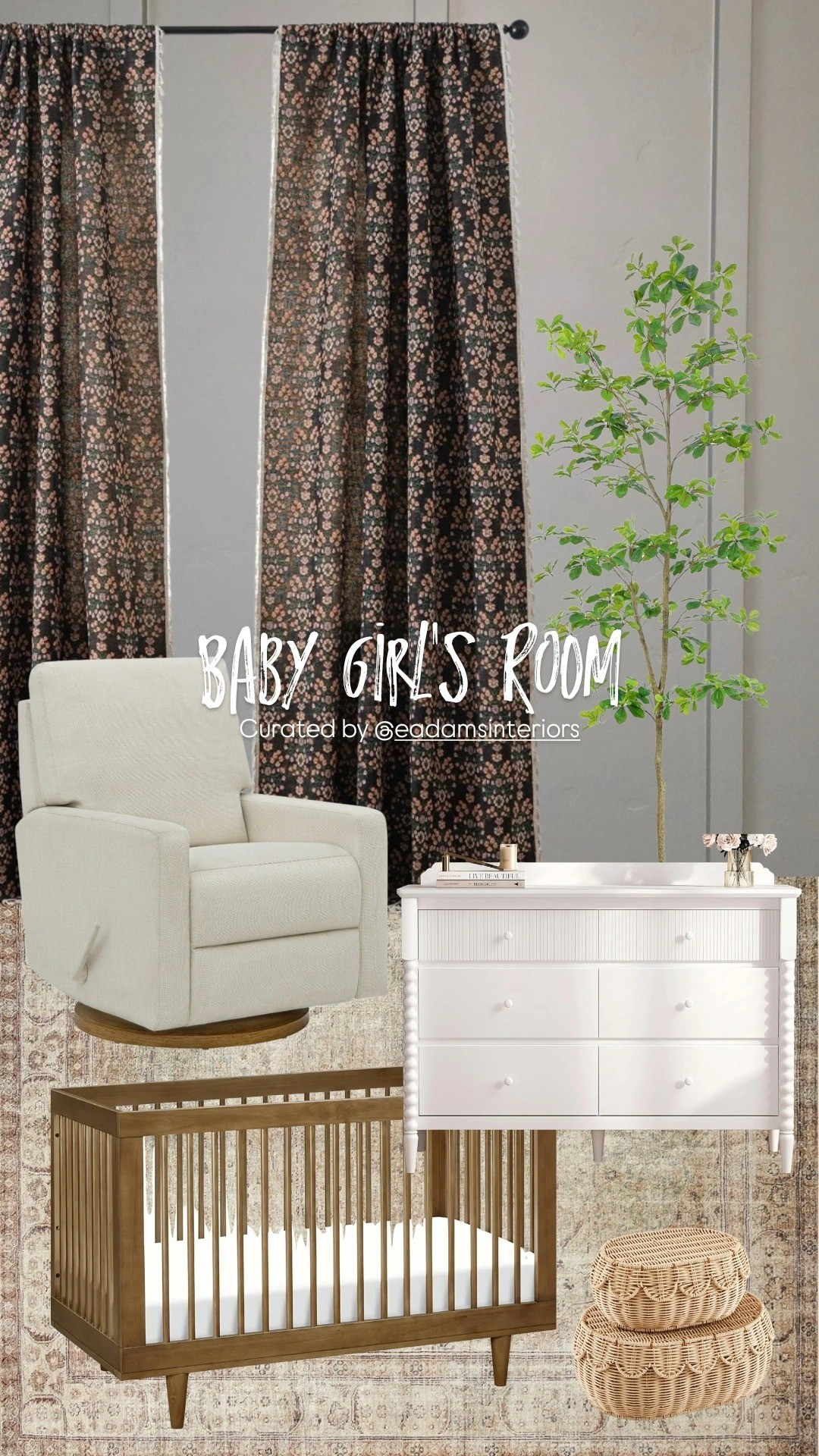 Anxiously anticipating baby girl's arrival! Here is my vision for her room. Vintage floral pinch pleat black out drapes. Faux tall olive tree. White vintage modern dresser. Natural wood Mid-century modern crib. Scalloped details. My favorite Amber Lewis cloud pile rug for the softest touch. Of course, a cream colored linen rocking chair.

#LTKBaby #LTKBump #LTKHome