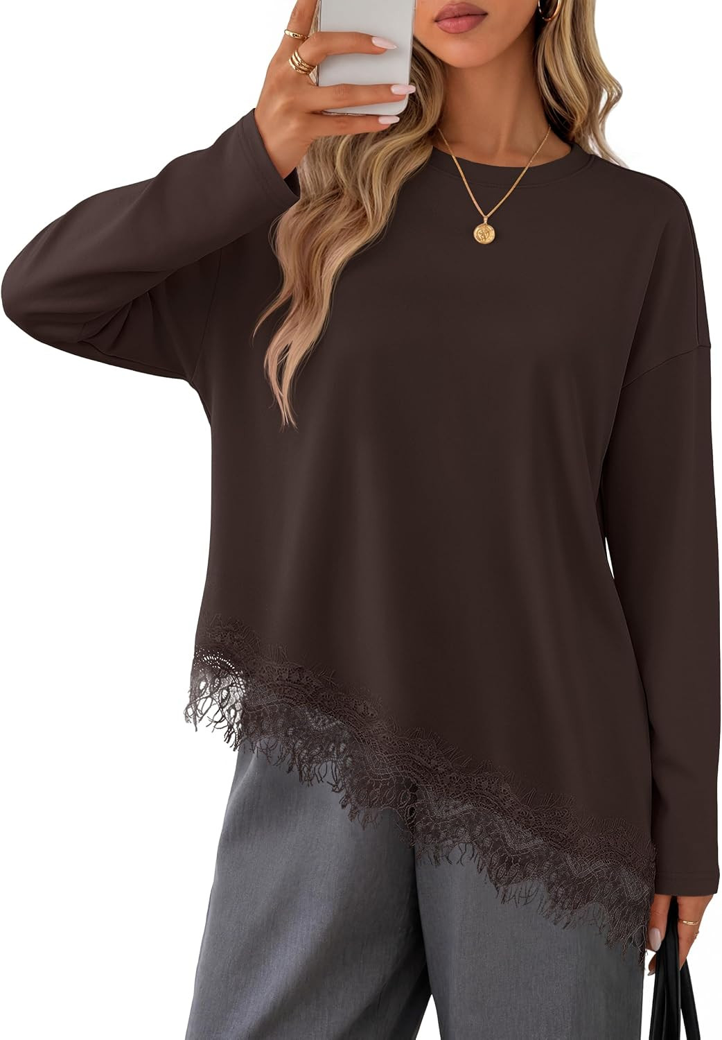 MEROKEETY Womens Fall Asymmetric Lace Long Sleeve Top Casual Cute Shirts | Amazon (US)