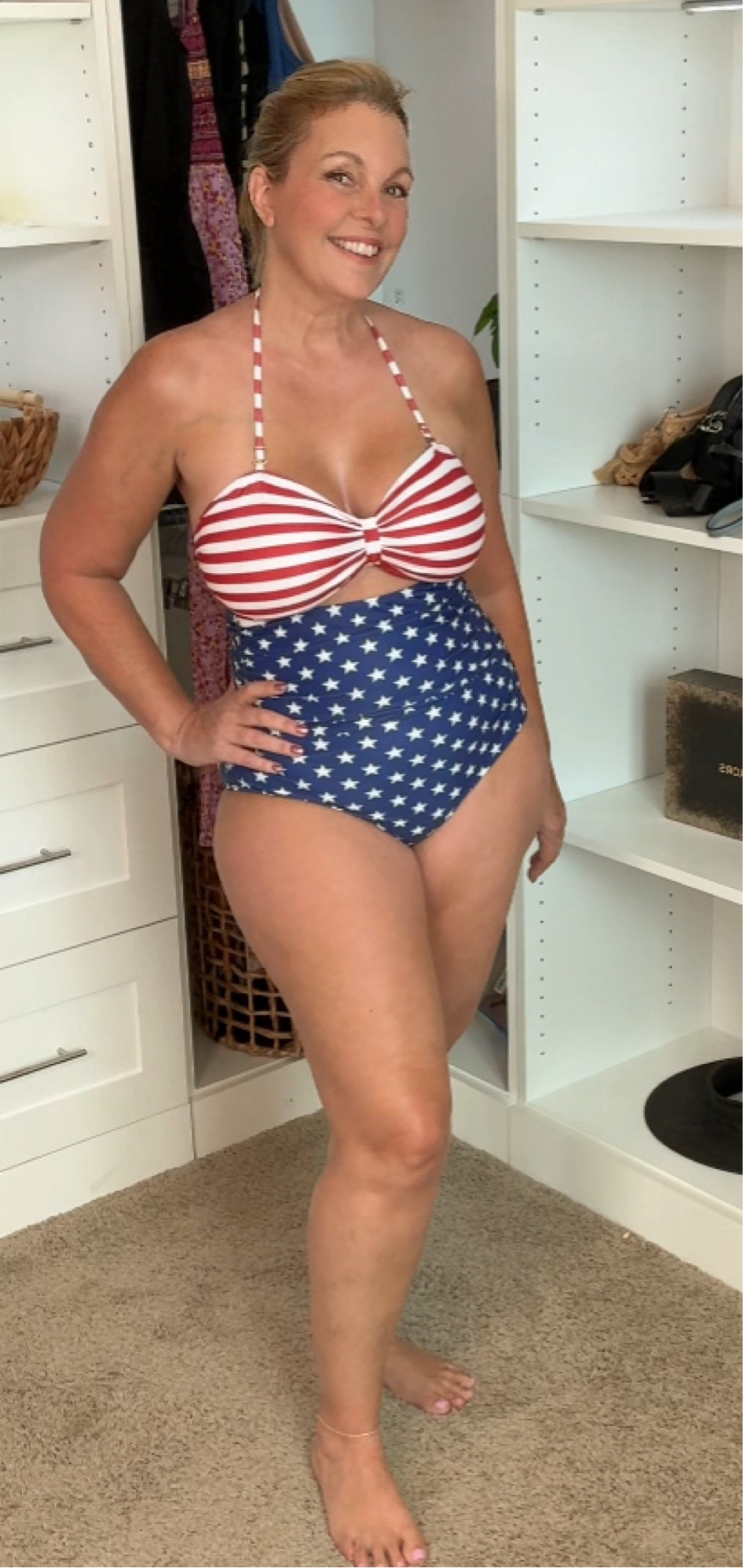 This patriotic, one piece swimsuit, is effortless. The only adjustment is the tie around the neck. If you want to look cute, have more coverage, this swimsuit is for you. 

#LTKOver40 #LTKMidsize #LTKSwim