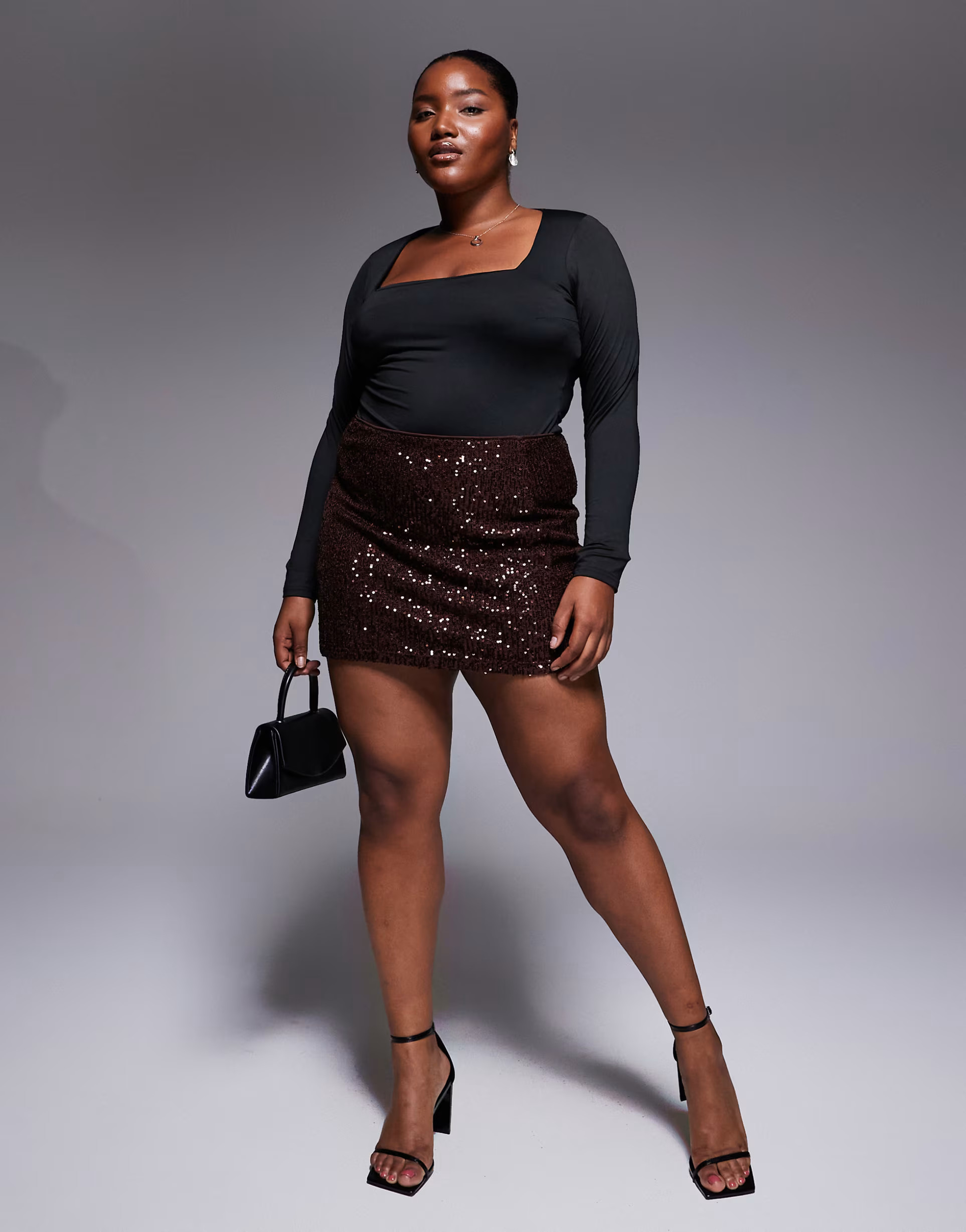 ASOS DESIGN Curve allover sequin mini skirt in chocolate | ASOS (Global)