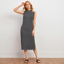 Mock-neck Split Side Striped Dress | SHEIN