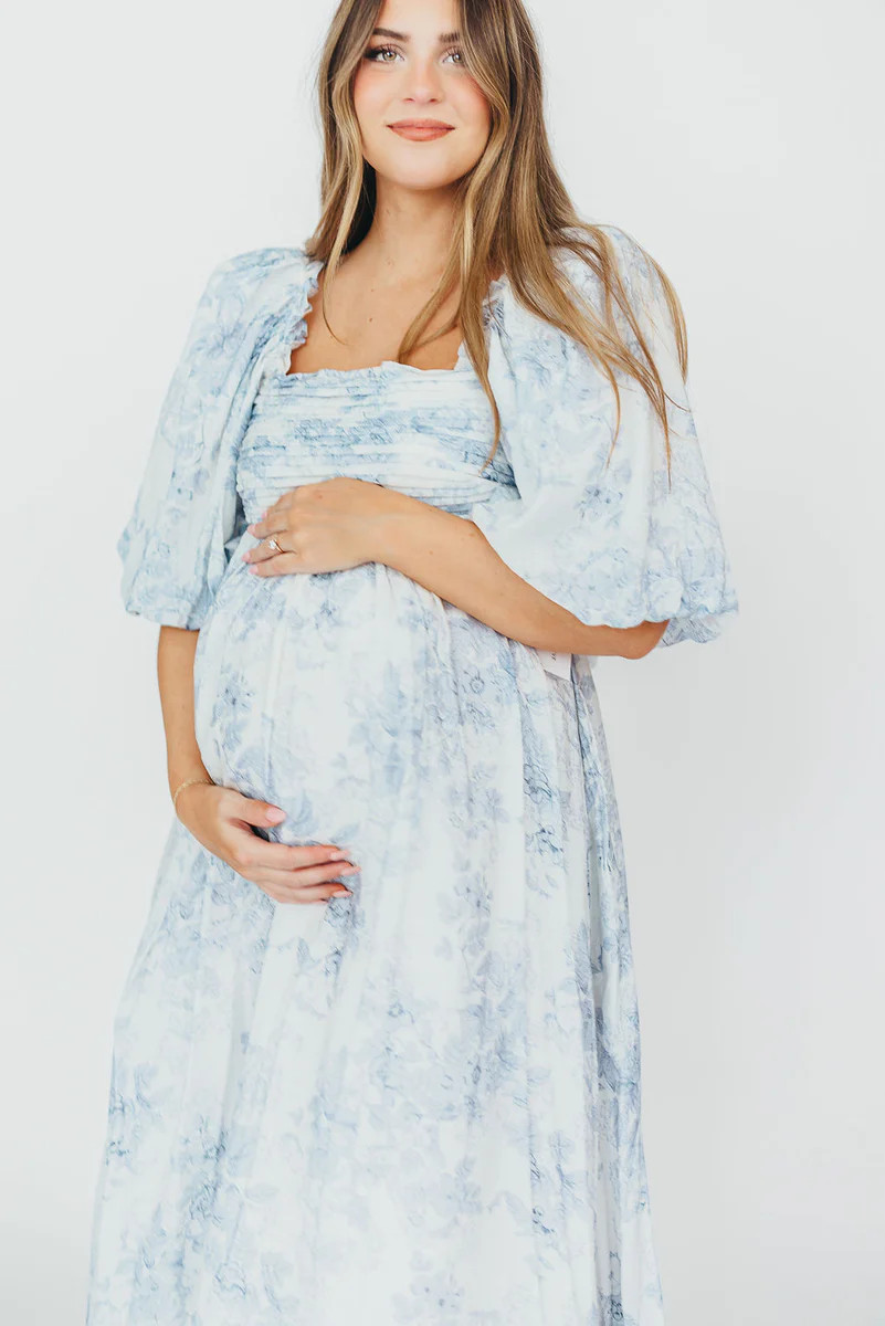 Melody Maxi Dress with Pleats and Bow Detail in Blue Floral - Bump Fri | Worth Collective