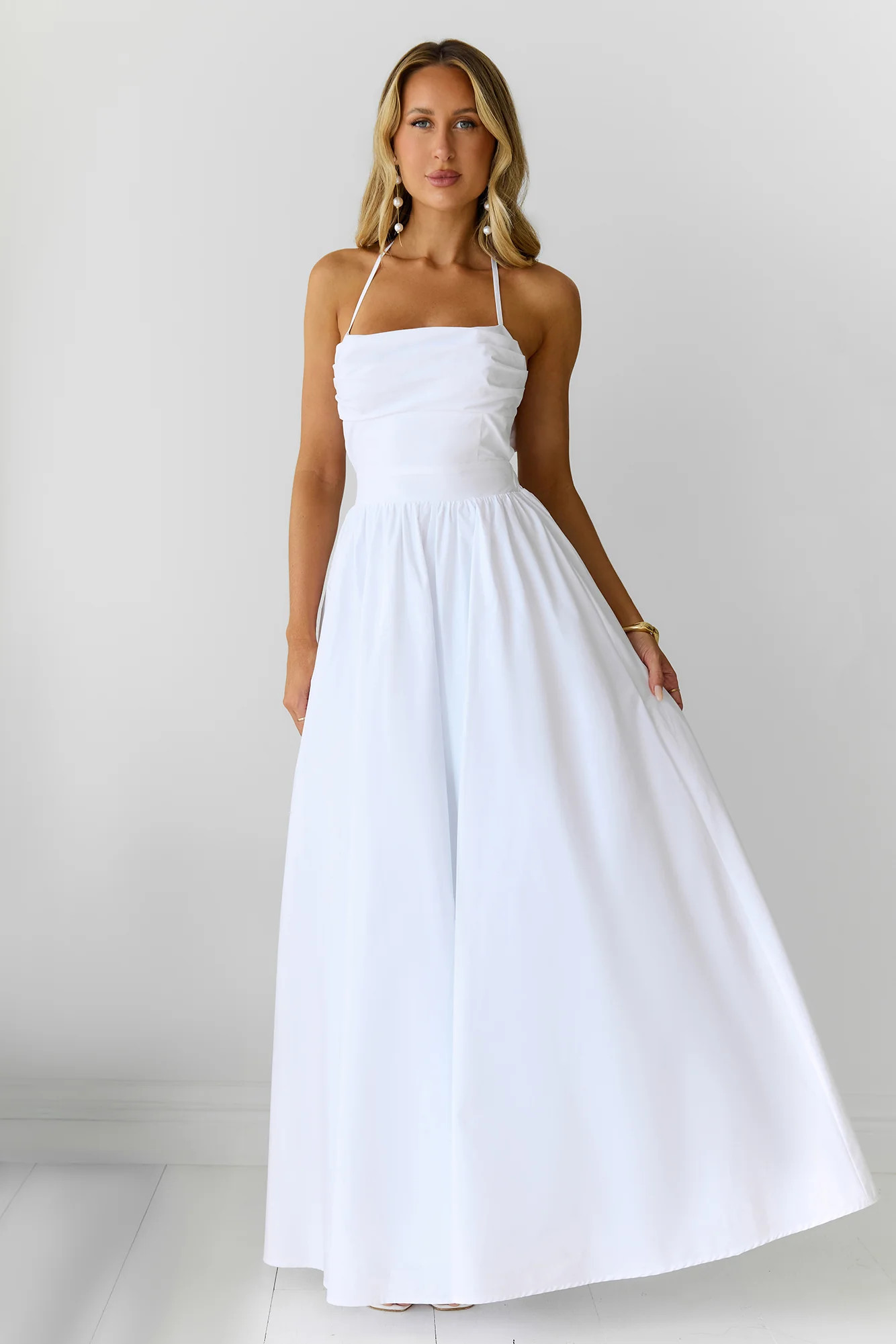 Feathered Snow Halter Maxi Dress White | Hello Molly (US)