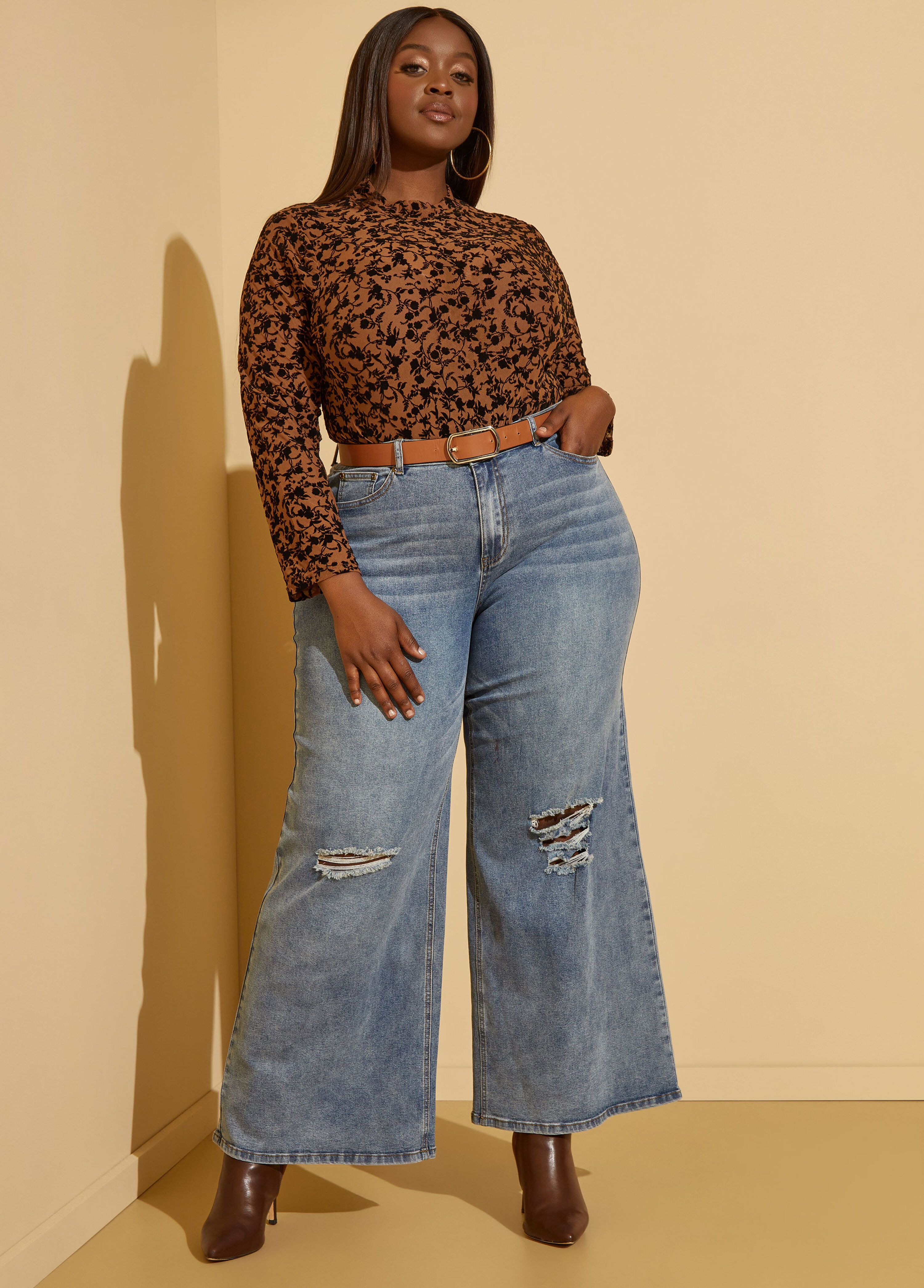 Distressed High Rise Wide Leg Jeans | Ashley Stewart