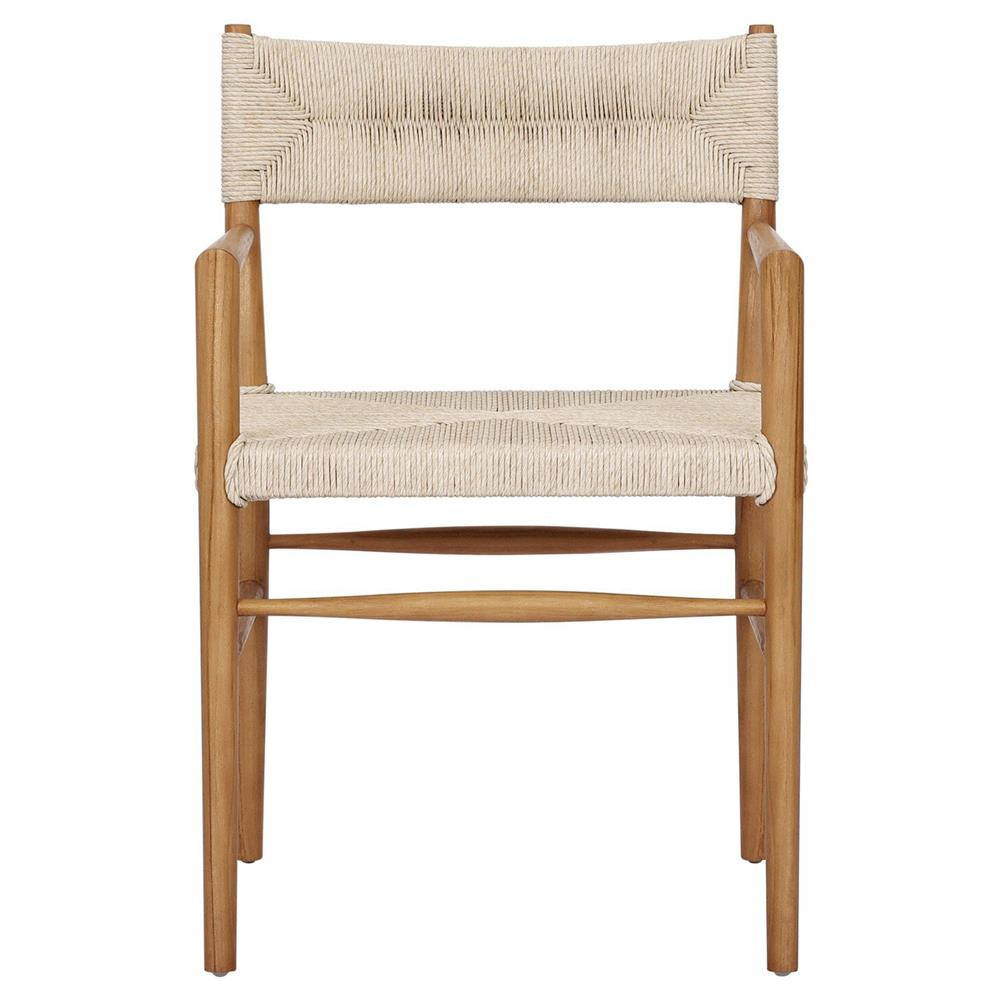 Mable Coastal Beach Off White Wicker Natural Teak Outdoor Dining Arm Chair | Kathy Kuo Home