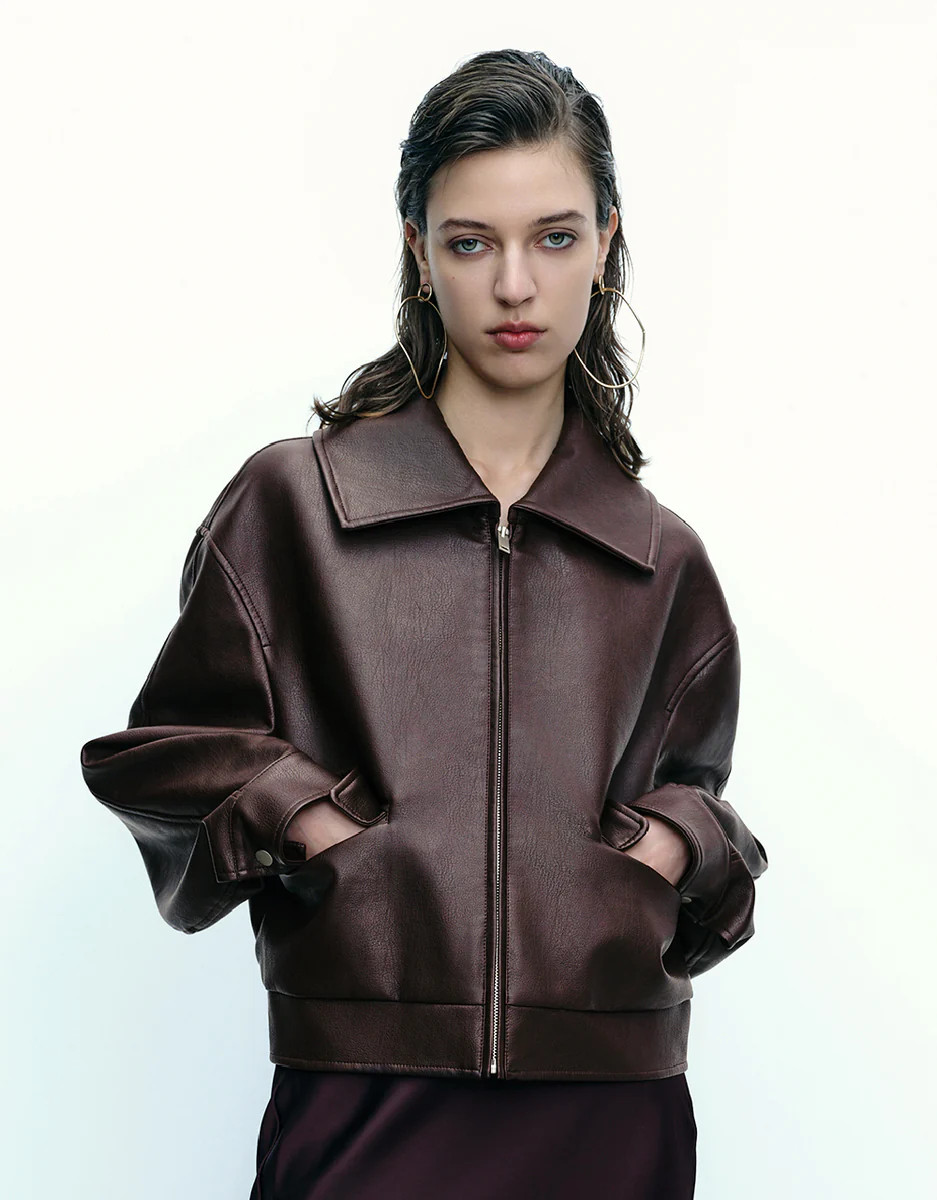 Zipper Front Vegan Leather Jacket | Urban Revivo