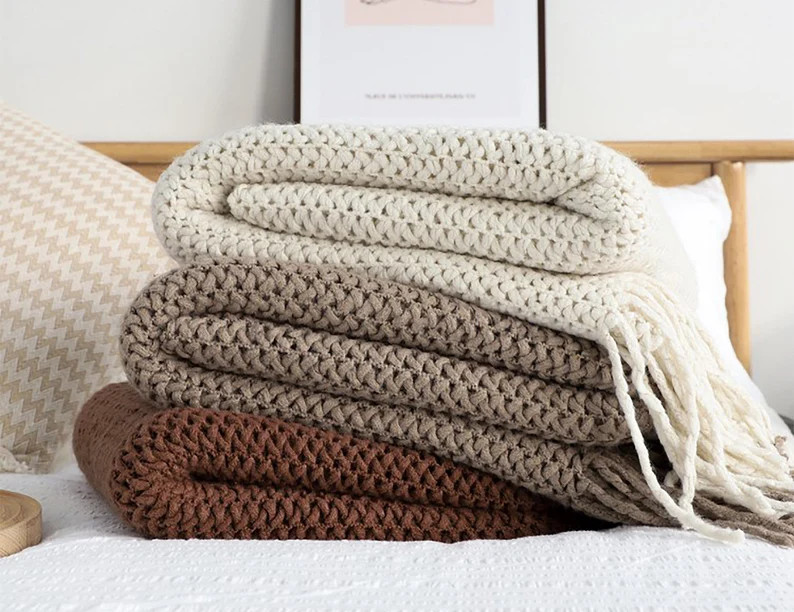 Criss-Cross Knitted Throw Blanket | Woven throw Blanket with Tassels | Cozy Soft Decorative Trave... | Etsy (US)