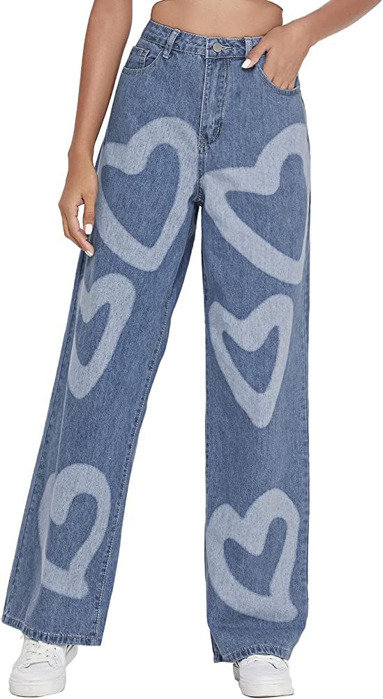 MakeMeChic Women's Floral Print High Waist Wide Leg Jeans Long Denim Pants | Amazon (US)