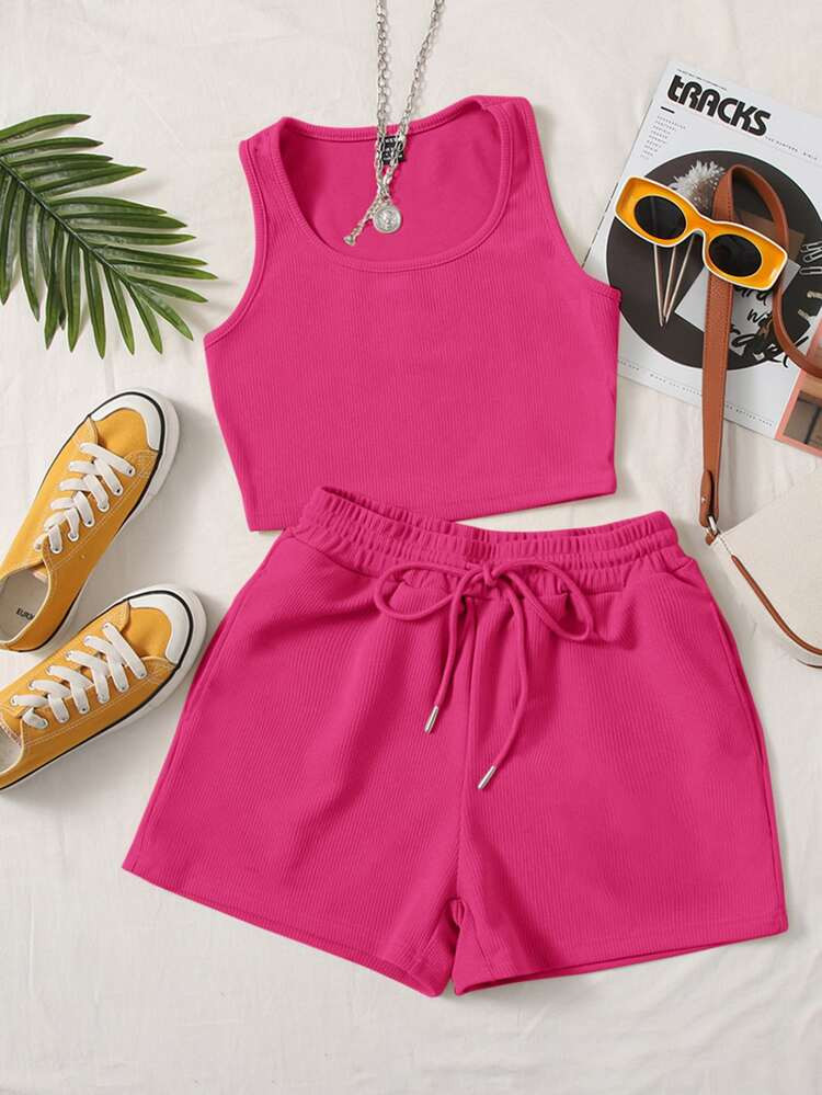 SHEIN EZwear Scoop Neck Tank Top and Track Shorts | SHEIN